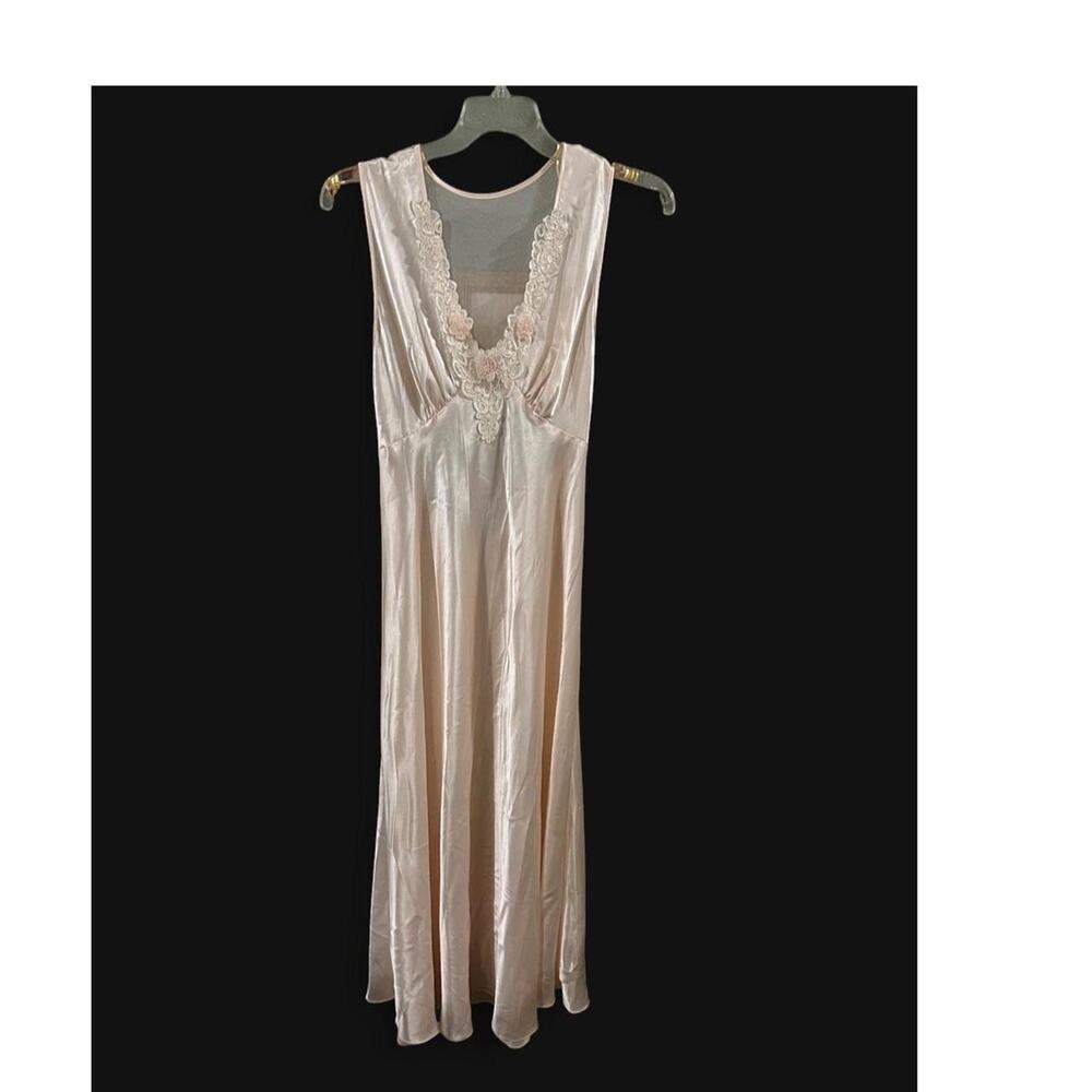 Vtg Satin Maxi Elegant Dress Mesh Back Lace Floral Trim Nightgown XXL romantic